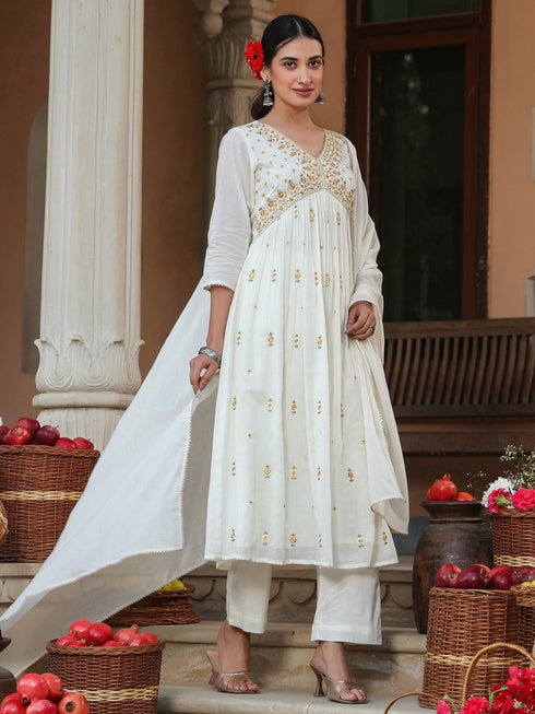 Janasya Women's Off White Pure Cotton Embroidered A-line Kurta Set